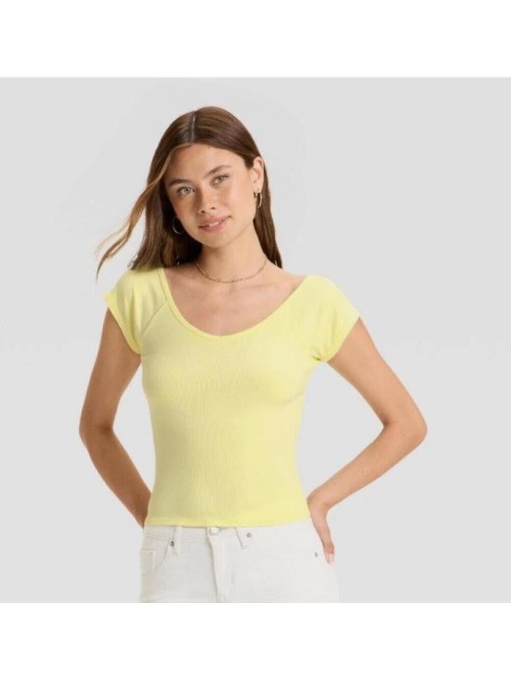 Women's Short Sleeve Double V-Neck Ribbed T-Shirt Wild Fable Lemon Yellow XS